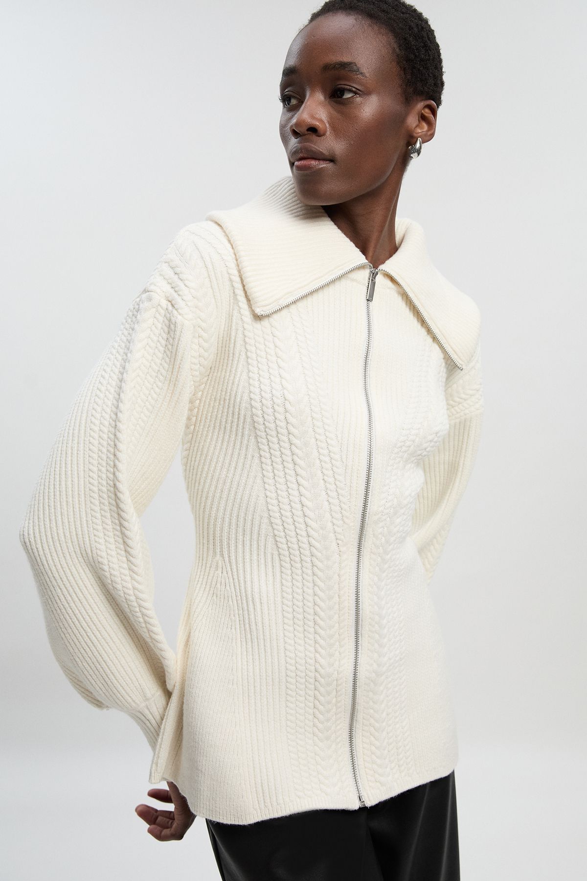 KarenMillen Cable Knit Balloon Sleeve Peplum Zip Through Cardigan