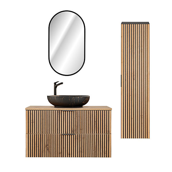 Ensemble meuble simple vasque 100cm miroir LED et colonne Gaia Bois et Noir - Vasque Noir