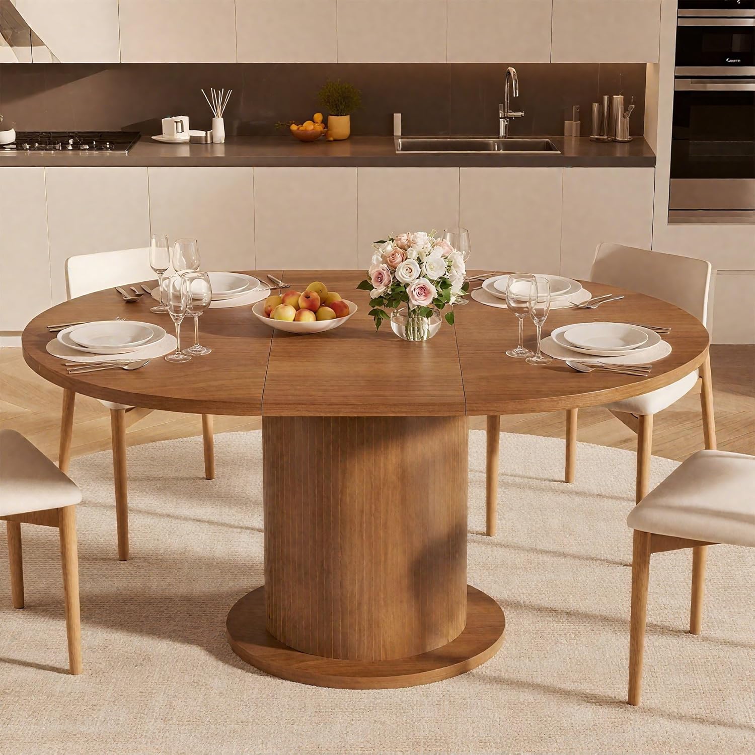 59 inch Round Dining Table for 6, Modern Farmhouse Kitchen Table, Circle Dining Tables with Wood Strip Base for Kitchen Living Room (Big Adjustable Walnut)