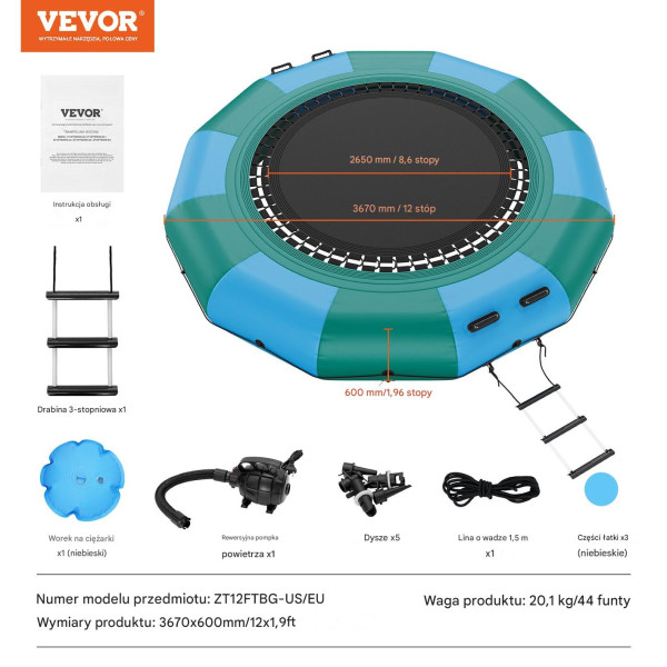 Dmuchana trampolina wodna   pompka elektryczna 367 cm