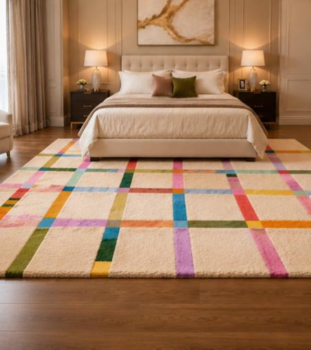 Colorful Geometric Area Rug, Modern Abstract Grid, Hand Tufted Living Room Decor