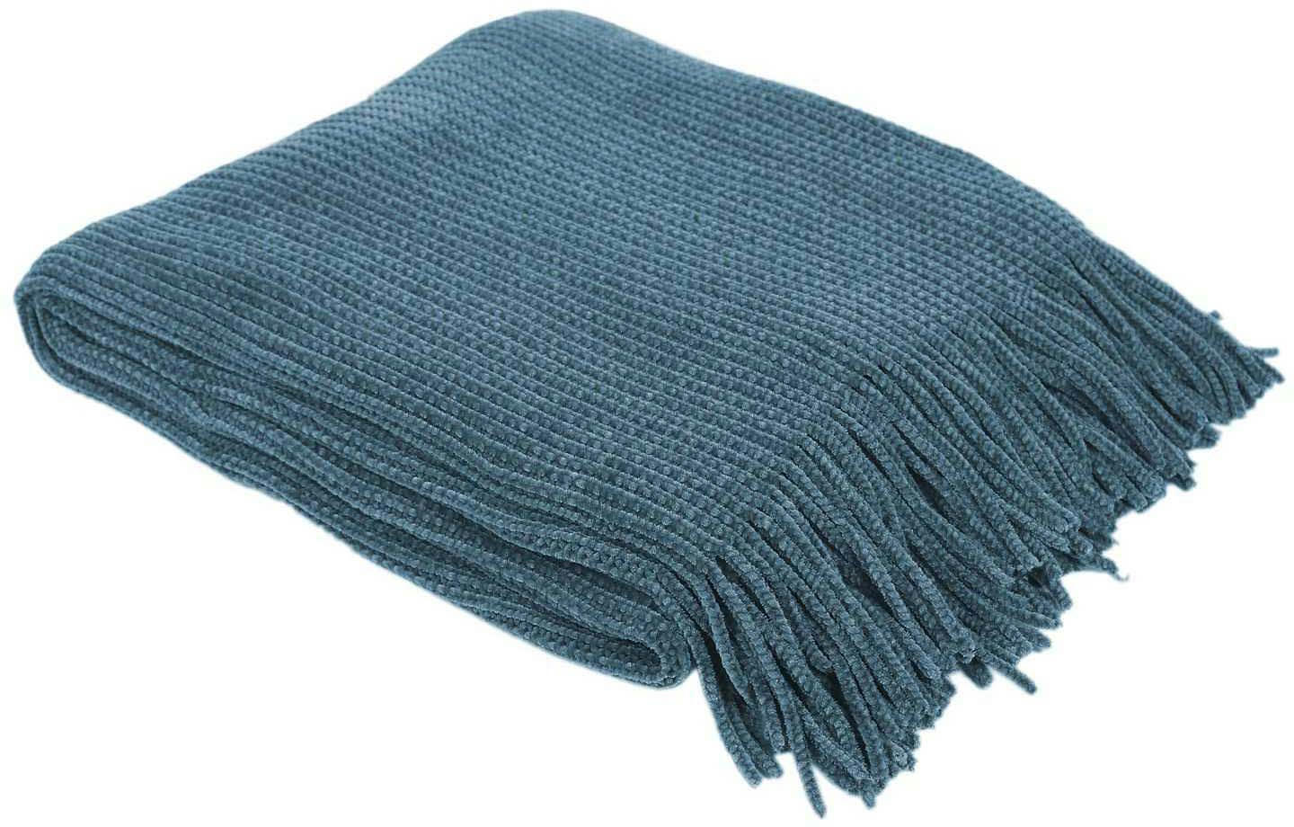 - Plaid chenille en polyester avec franges 120 x 150 cm bleu canard
