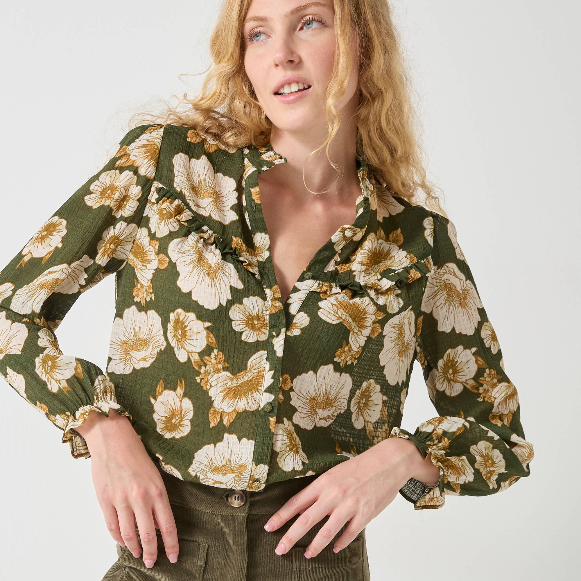Blouse volantée imprimée floral, crépon