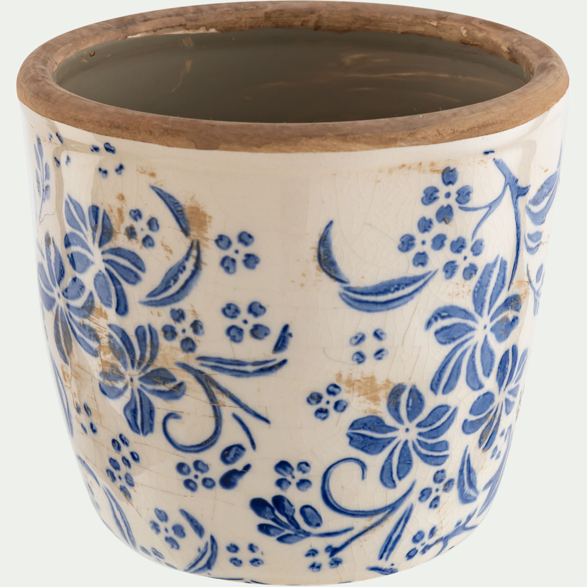 ISADORA - Cache-pot en grès motif fleuri D12,5xH12cm - bleu
