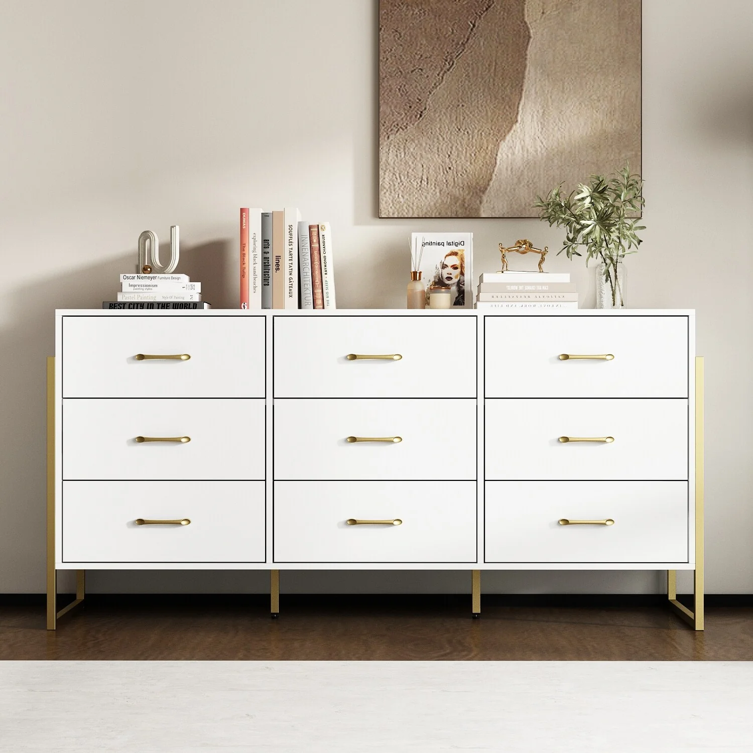 Elegant 9-Drawer Dresser with Gold Accents - Black Stripe Finish Chest