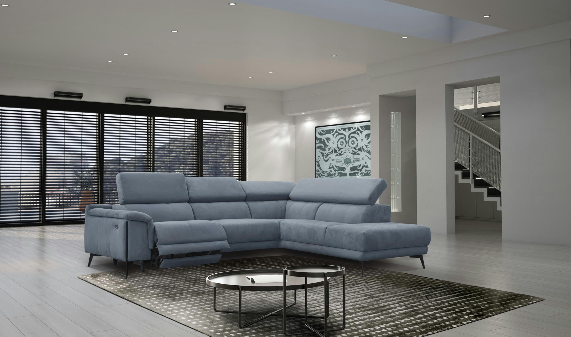 MATERA - Canapé d'angle droit 5 places avec une relax électrique, Tissu Blue