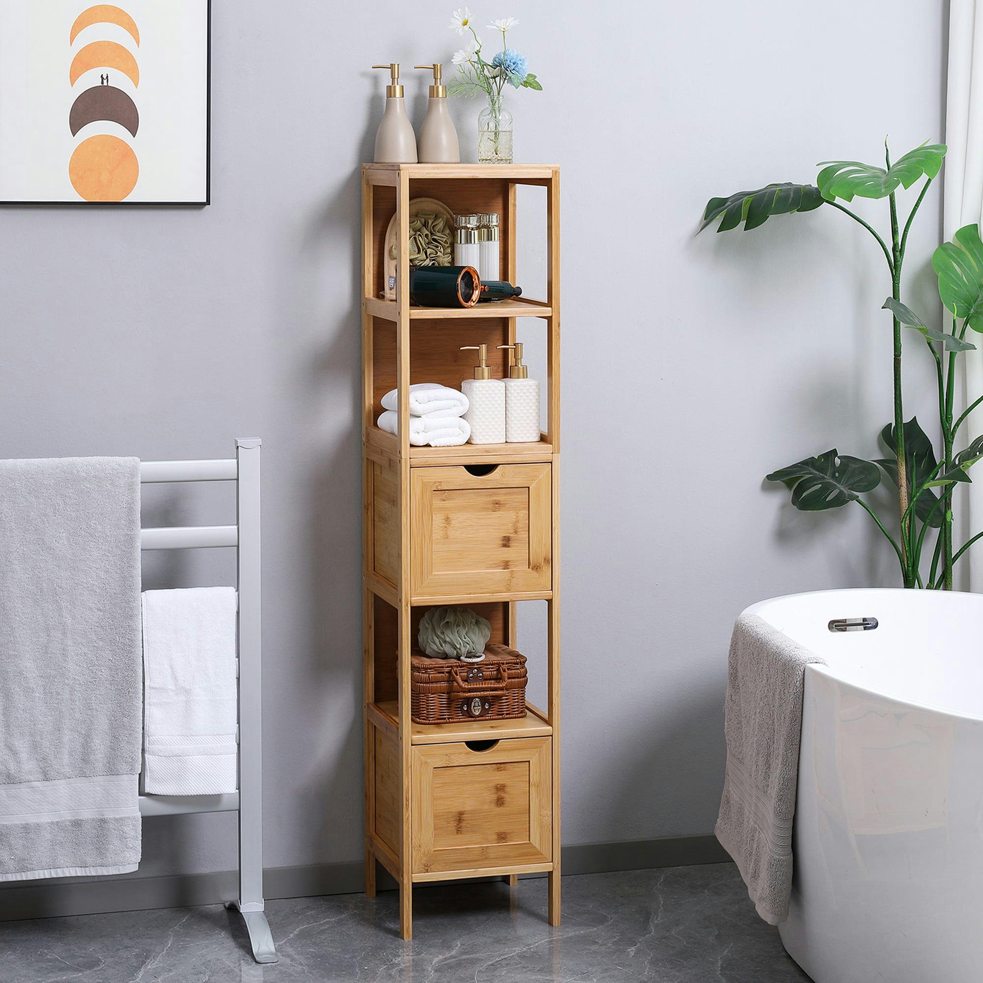 - Meuble colonne salle de bain bambou style cosy naturel tiroirs niches