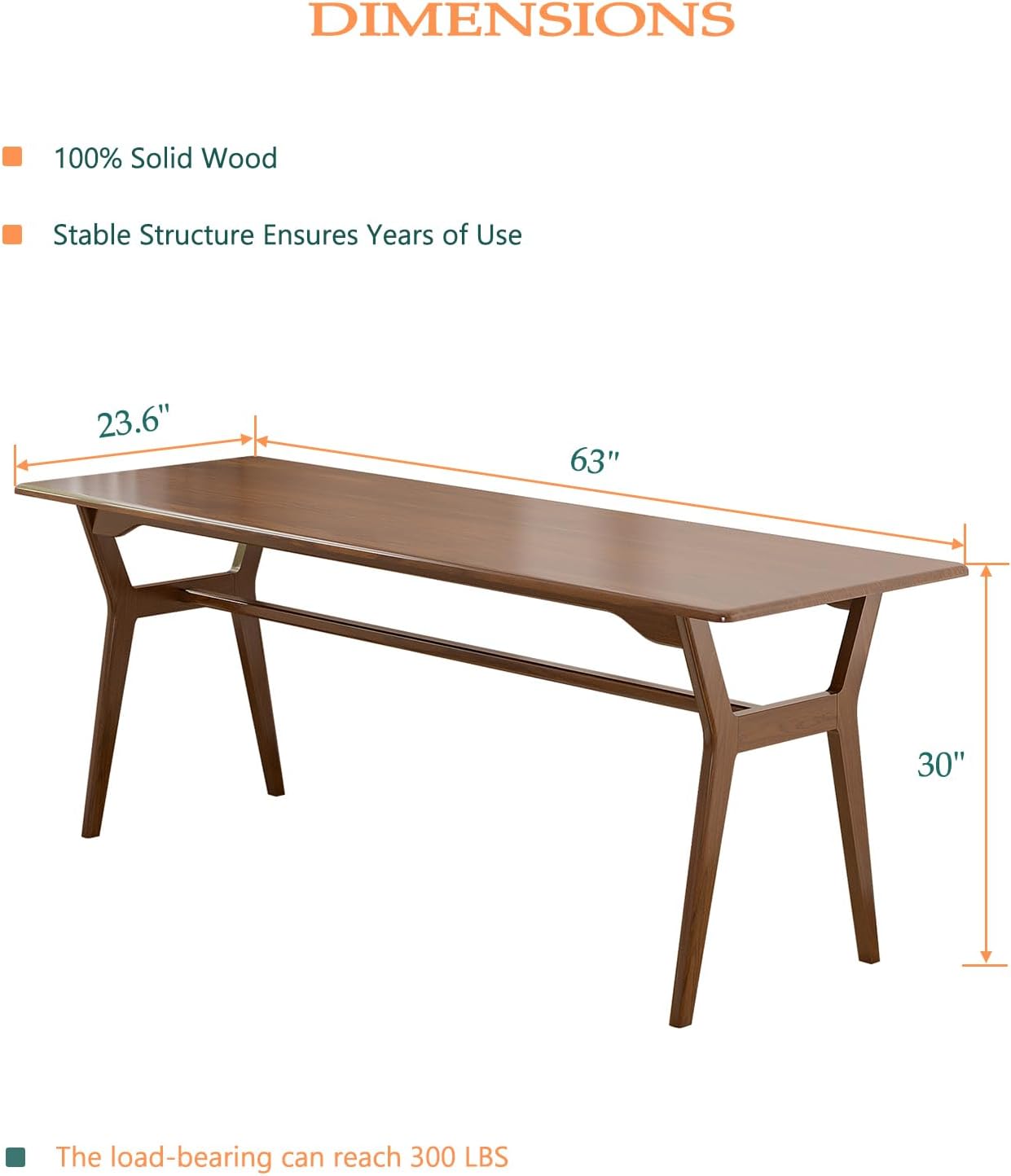 Solid Wood Study Desk - 63 Double Long Computer Table for Home Office, 2-Person PC Workstation, Walnut