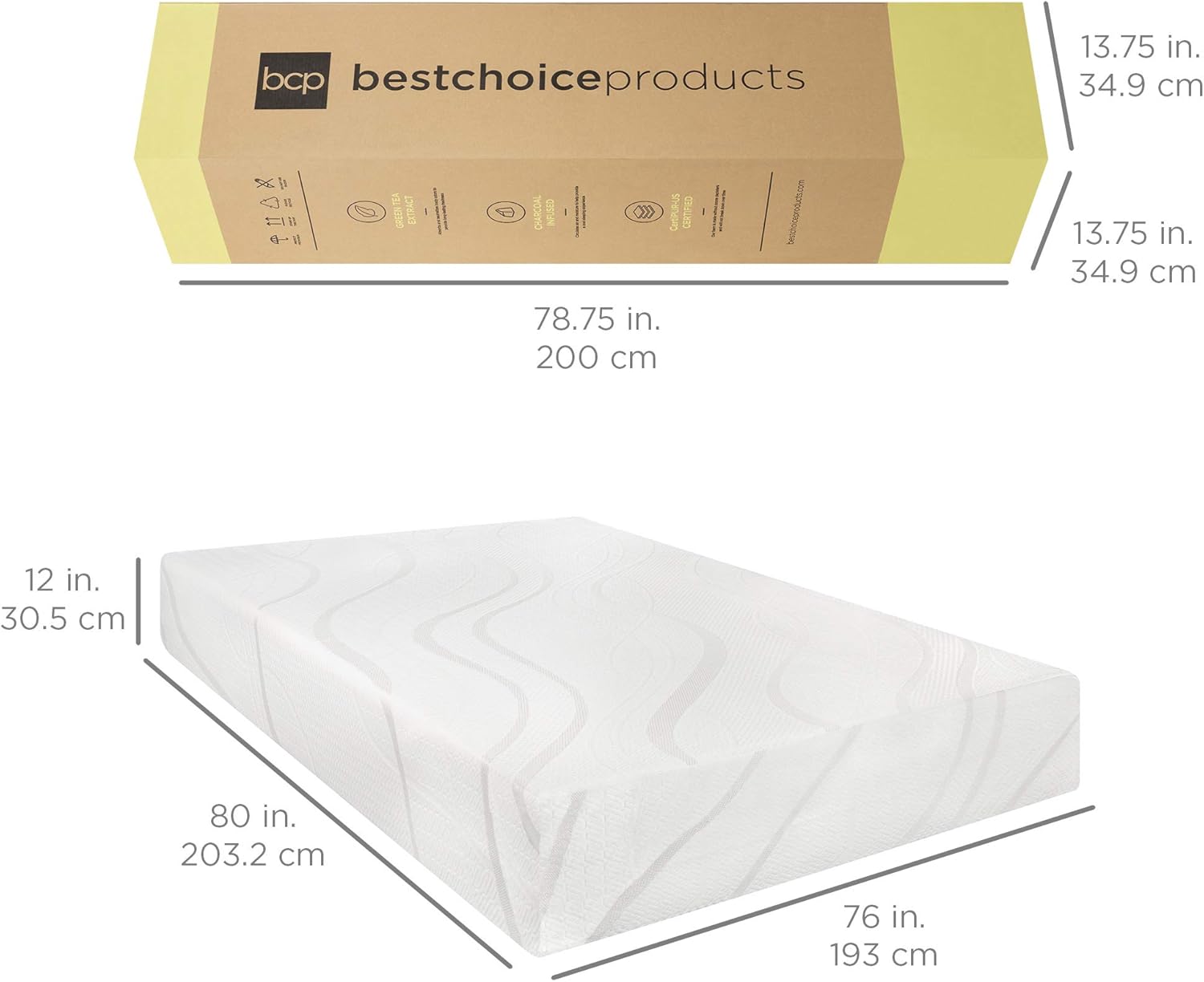 Best Choice Products 12 Inch, Green Tea Charcoal 12 Inch, Green Tea Charcoal Cooling Gel Memory Foam Mattress, Fiberglass Free, 3-Layer, Breathable - King, Medium Plush