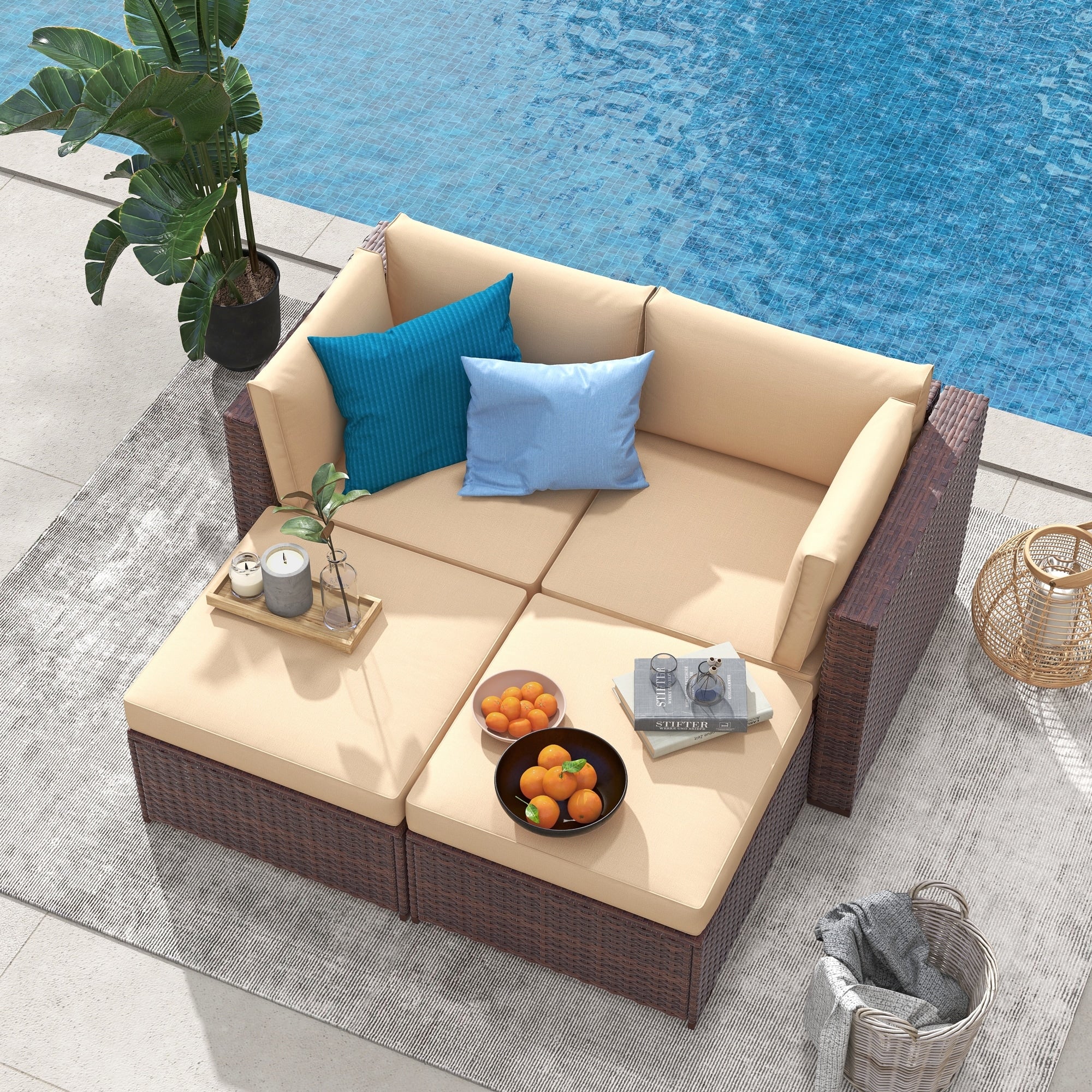 4-Piece Patio Sectional Sofa Wicker Furniture Set Outdoor daybed With Water resistant cushion