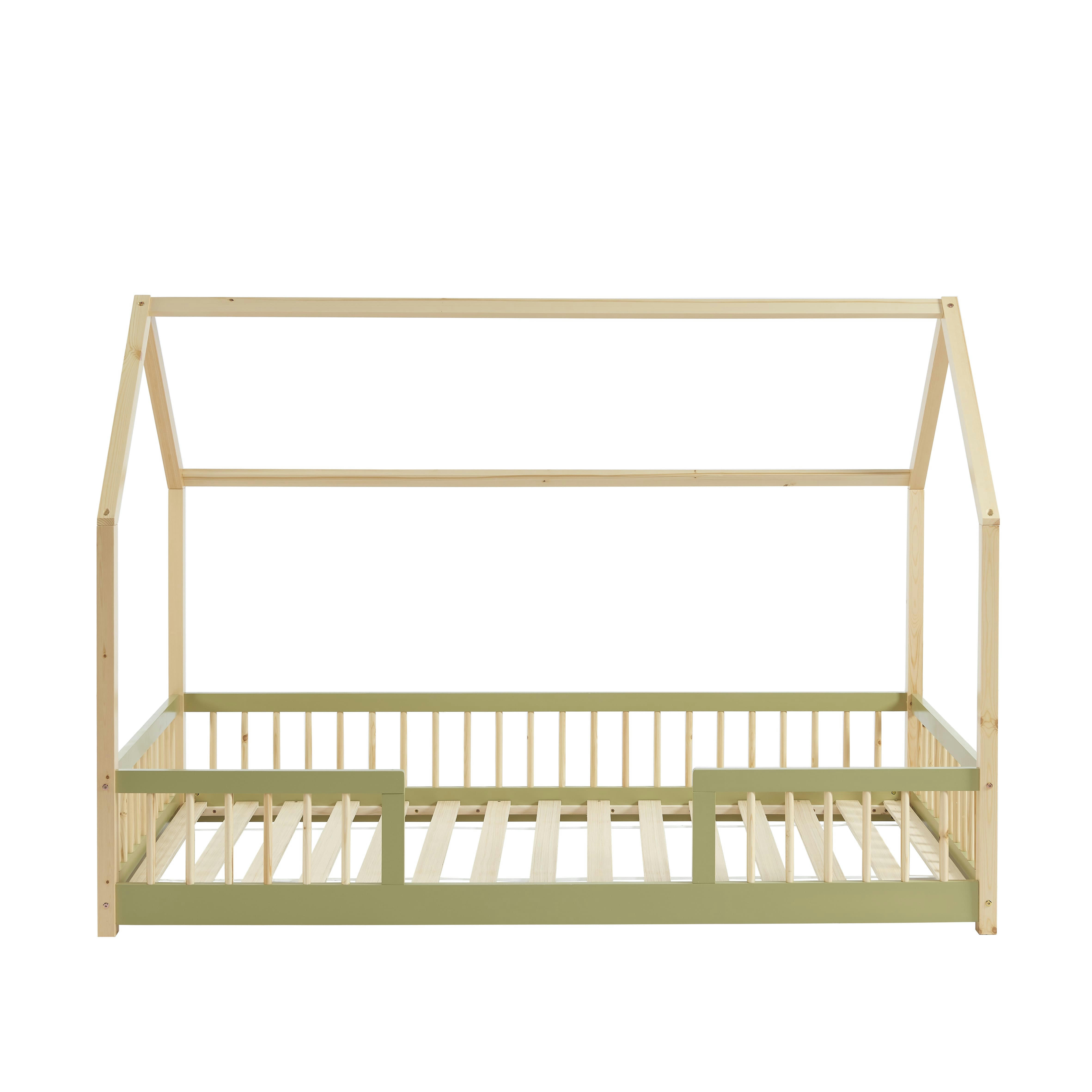 TINY - Lit cabane avec barrières  pin et vert 90x190 sommier inclus
