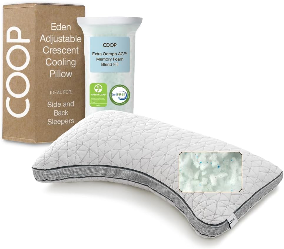 Coop Home Goods Eden Crescent Bed Pillow for Side & Back Sleepers, Queen Size, Adjustable Medium Soft Memory Foam Pillow with Cooling Gel & Ergonomic Crescent Shape, CertiPUR-US/GREENGUARD Gold