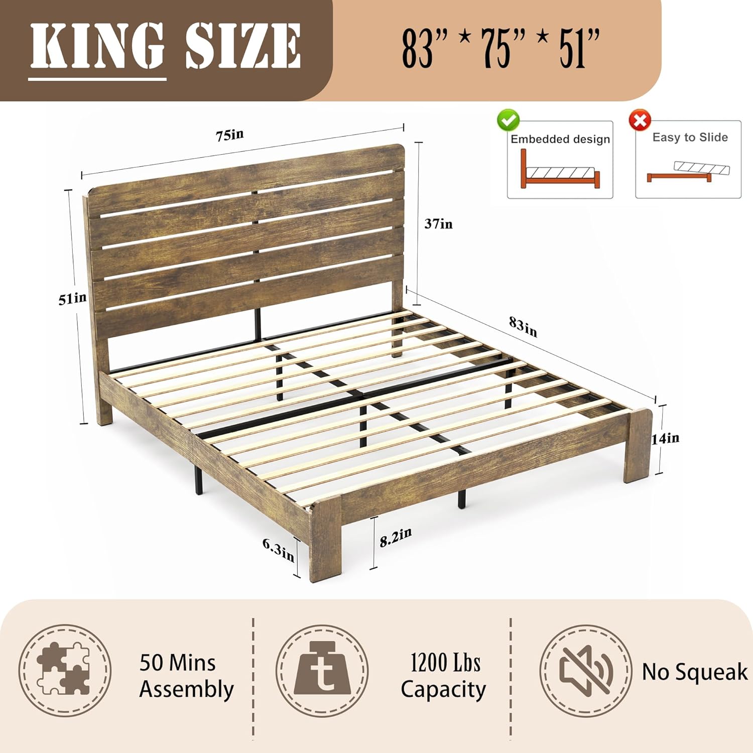 Wooden King Size Bed Frame with Headboard, Rustic Farmhouse Platform Bedframe with Wood Slat Support, Sturdy and No Noise, Easy Assembly (Light Brown/Linear Headboard, King)