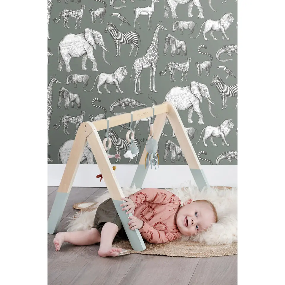 ESTAhome behang jungle dieren vergrijsd groen - 53 cm x 10.05 m