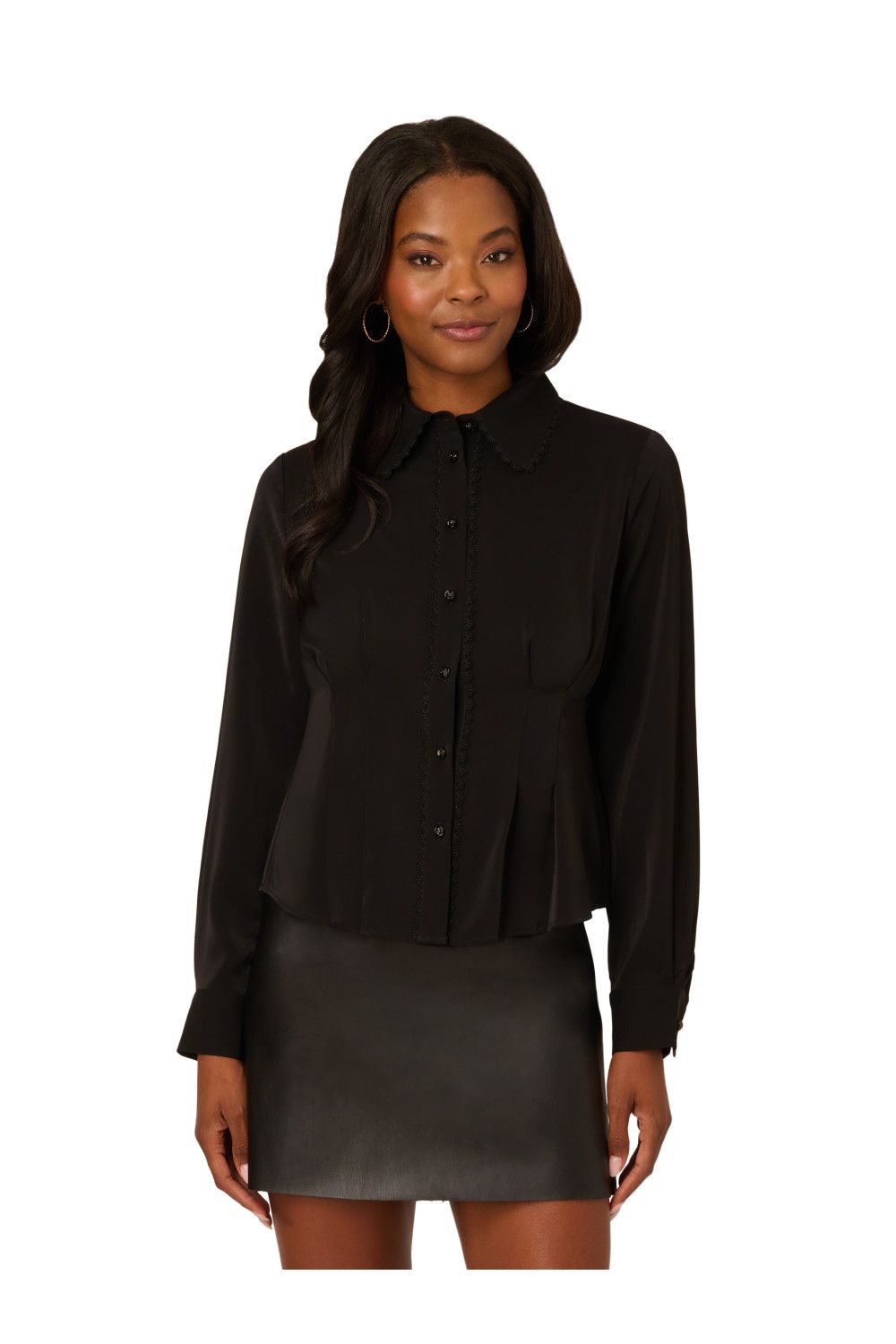 Adrianna Papell Lace Trim Button Front Collar Silky Woven Long Sleeve Shirt