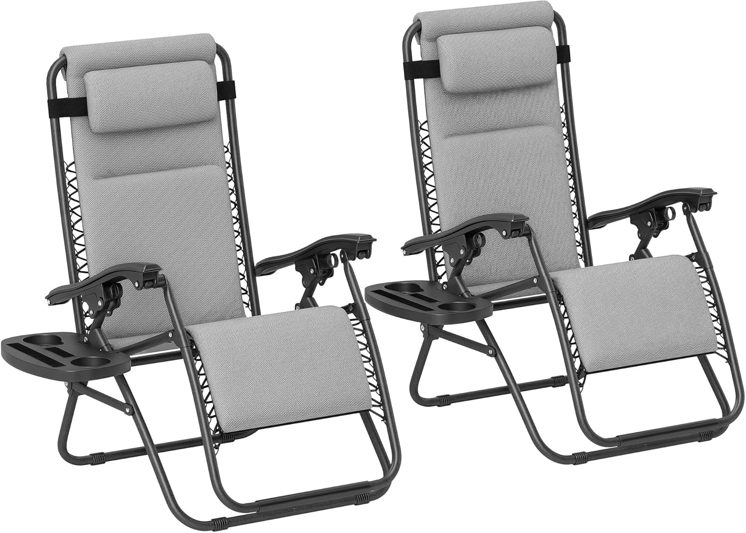 Outsunny Zero Gravity Chairs Set of 2, Reclining Folding Zero Gravity Lounge Chair, Outdoor Lounge Chairs with Cushion, Headrest, and Cup Phone Holder Tray for Patio, Beach, Light Gray