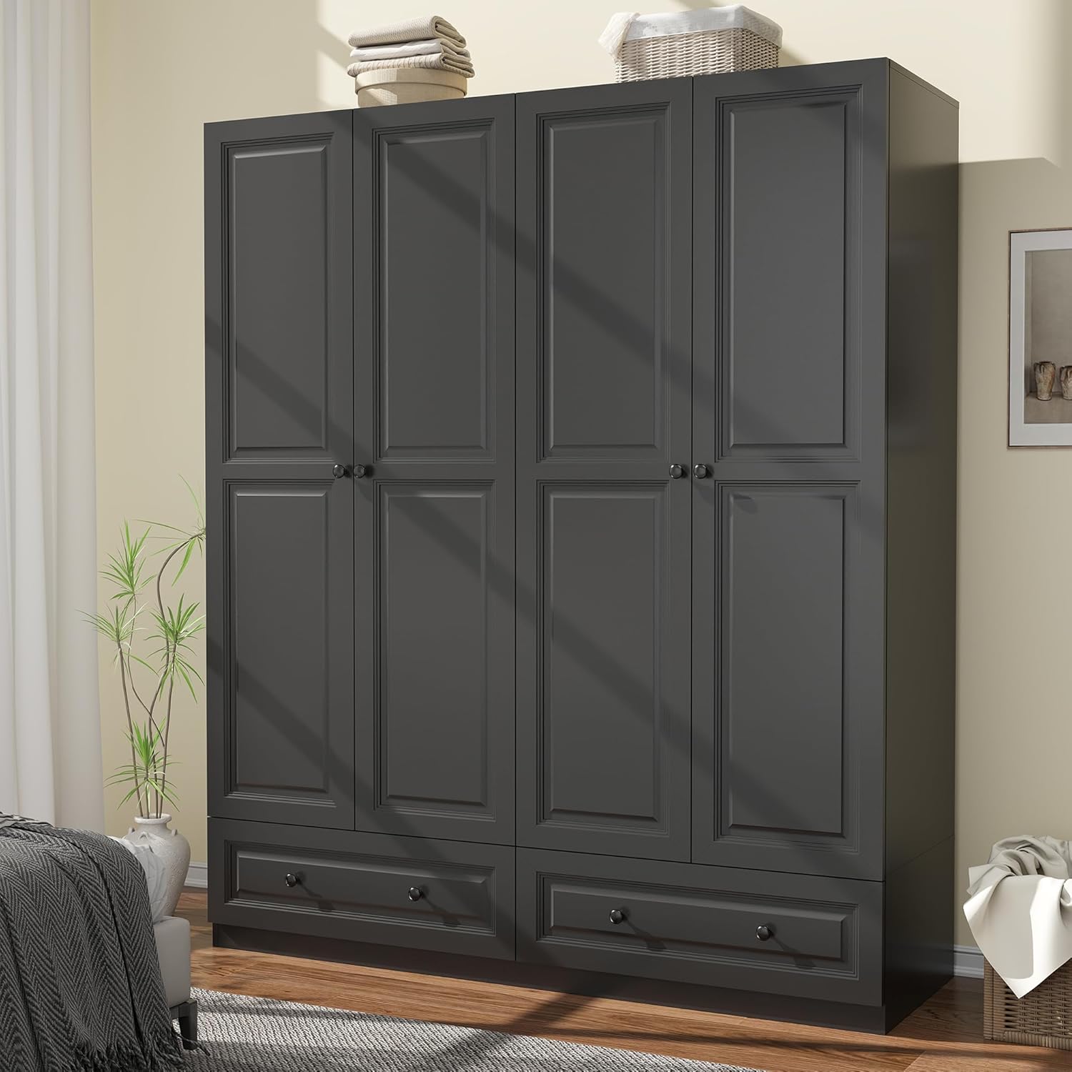 Armoire Wardrobe Closet with Drawers: 63 Black Wardrobe Closet with 4 Doors and 2 Drawers, Wood Clothes Armoire with Hanging Rod, Clothing Storage Cabinet for Bedroom