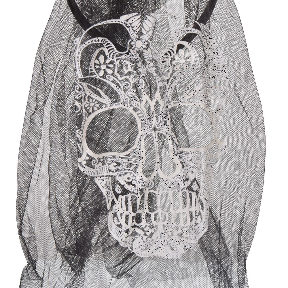 Serre-tête adulte Halloween voile calavera fleuri noir et rouge