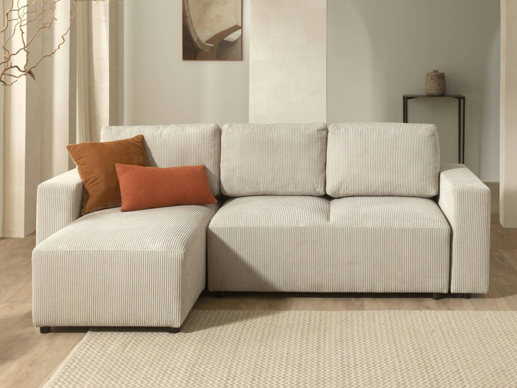 LIVY - Canapé d'angle gauche convertible 4 places en velours côtelé beige