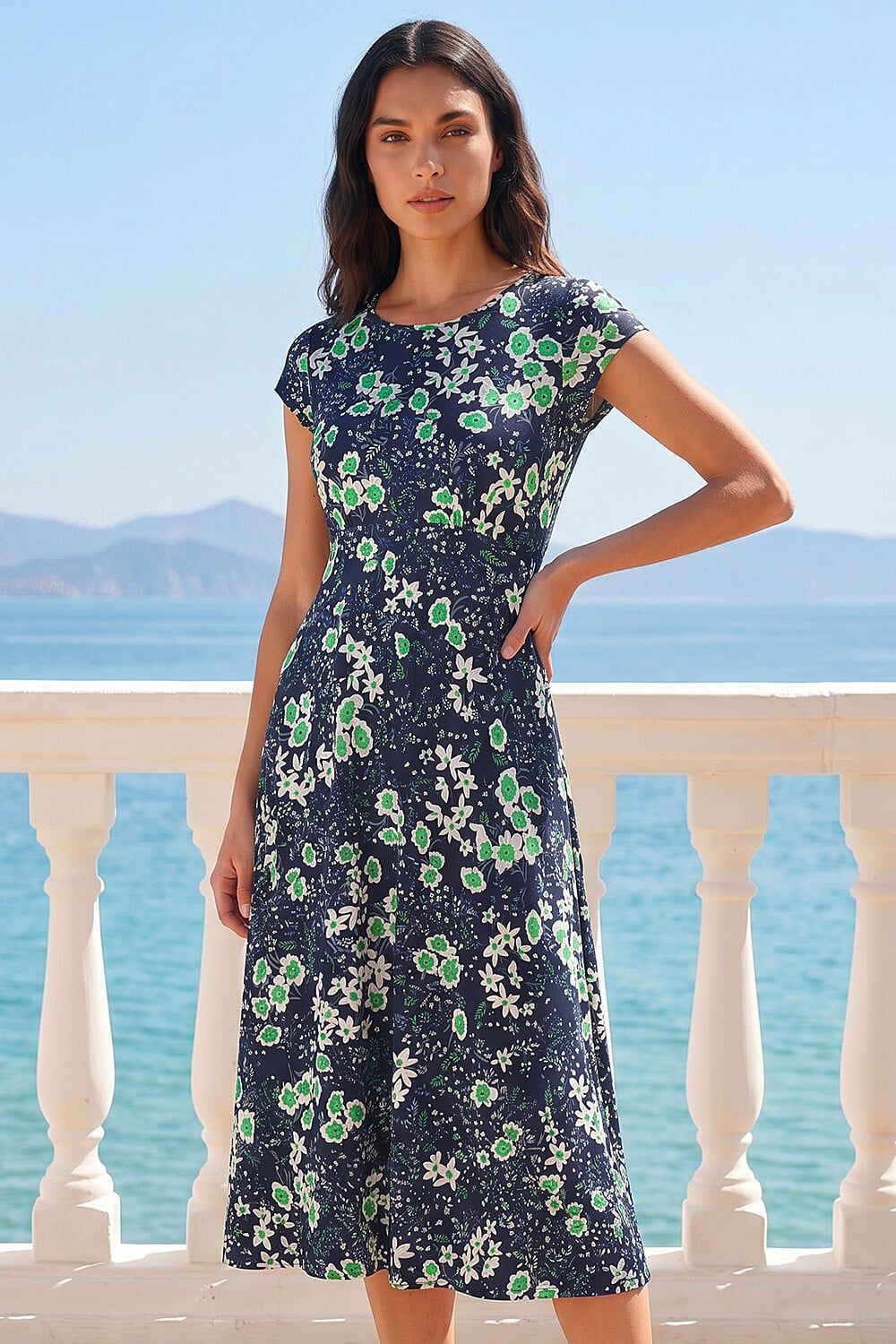 Roman Floral Print Midi Tea Dress