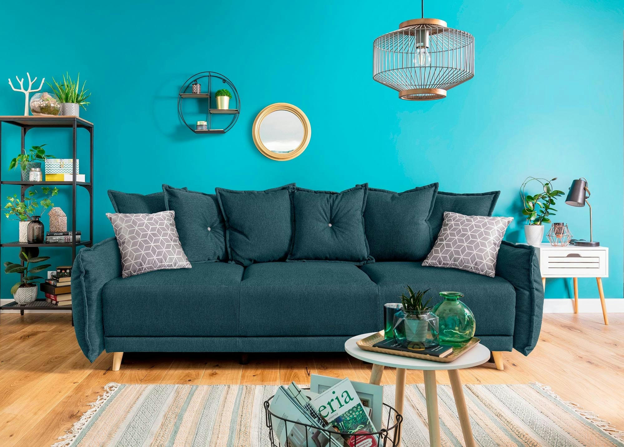 LENA - Canapé droit convertible 3 places en tissu bleu turquoise