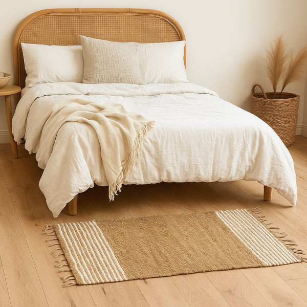 Dywan jutowy naturalny beż z frędzlami białe paski 70x140 cm BOHO