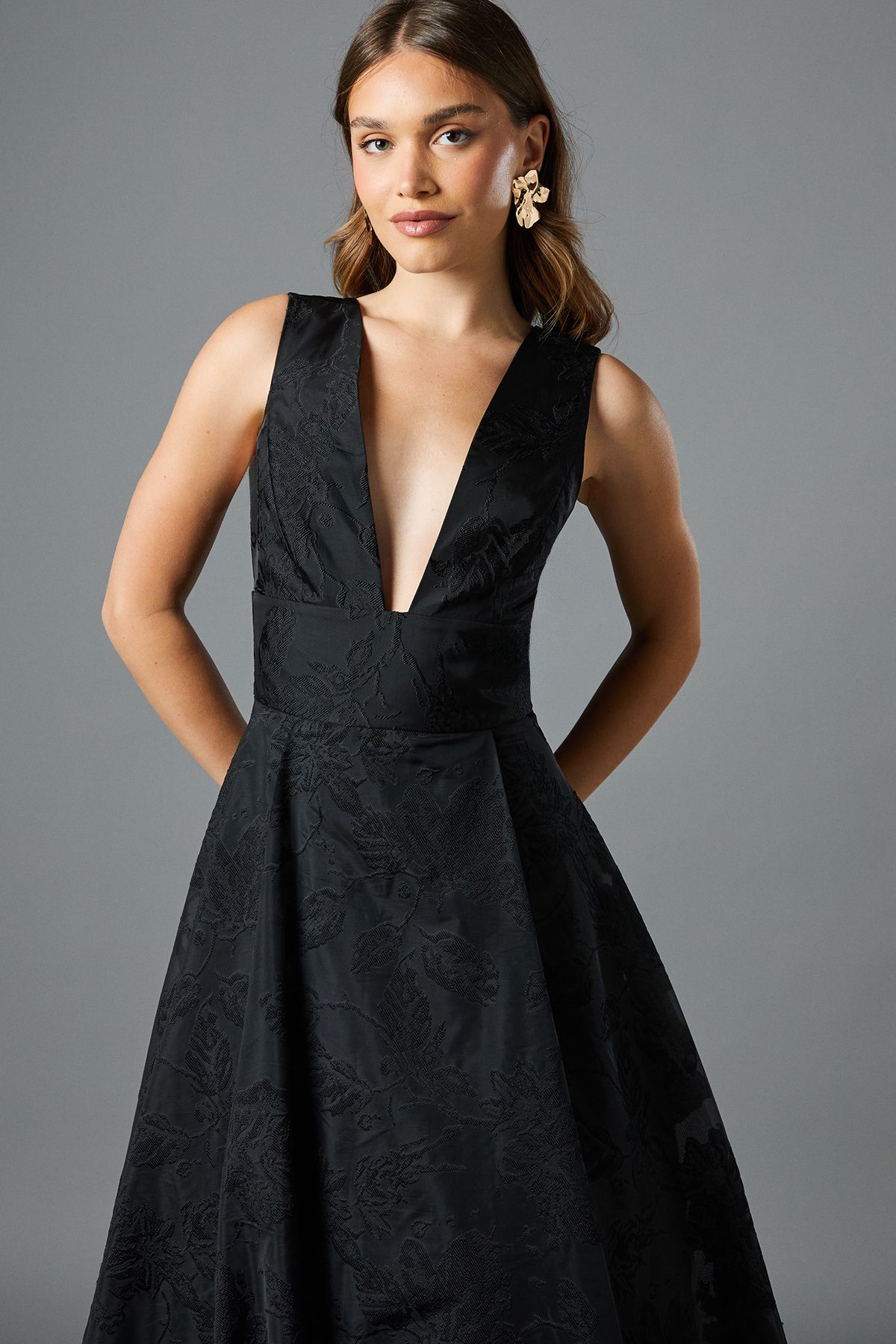 Coast Plunge V Full Skirted Jacquard Midi Dress