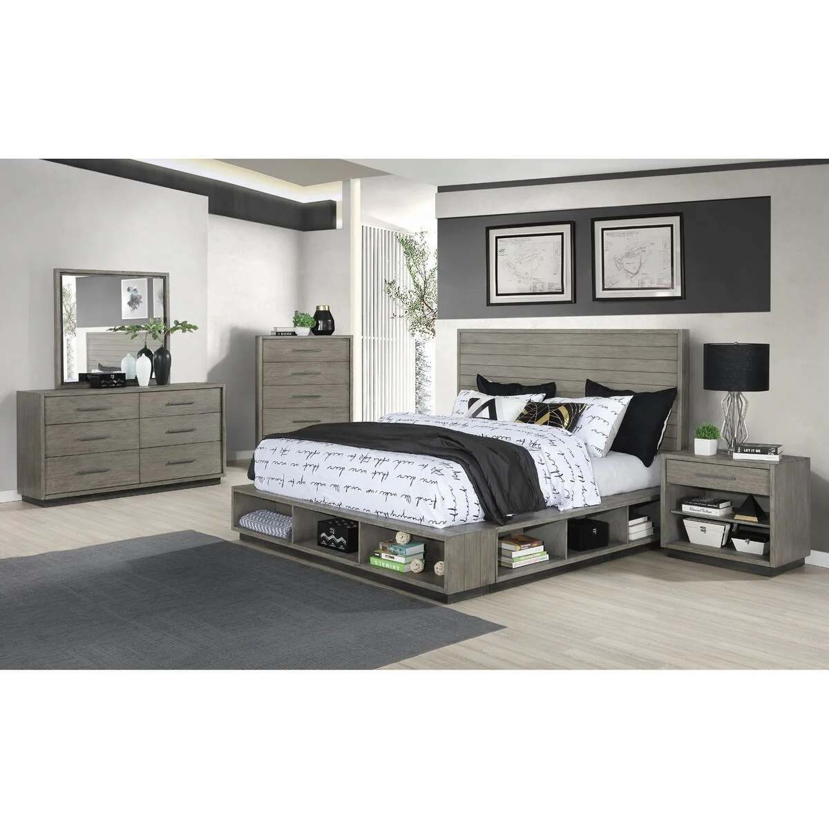 Ventura Grey Oak 2-piece Storage Bedroom Set with Nightstand