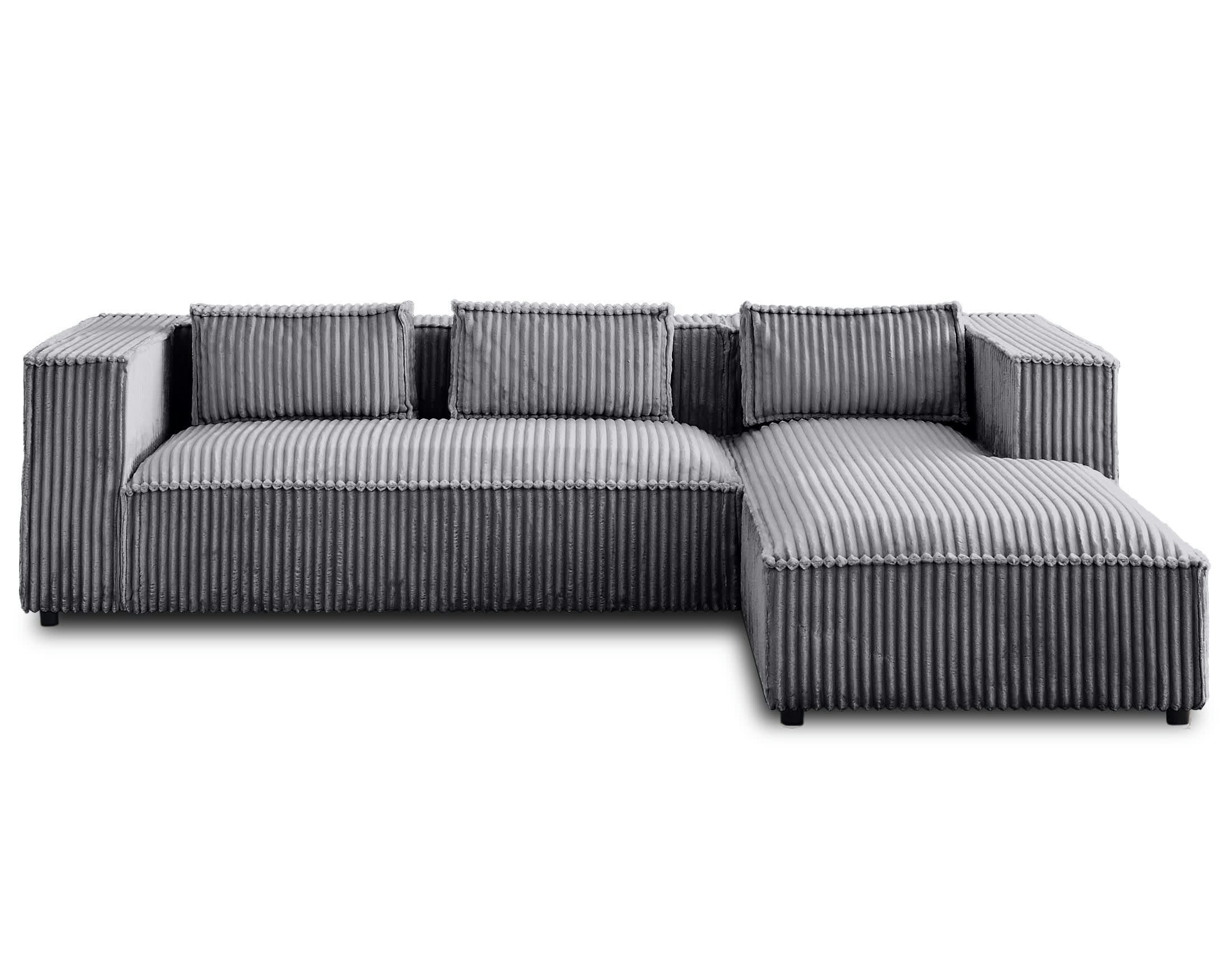 STELLA - Canapé d'angle droit 4 places en velours grosses côtes gris