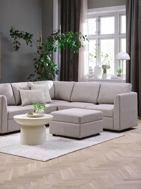 Modulsofa OKSBY 5-pers. hjørne m/opbevaring sandfarvet stof