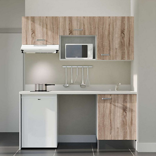 Kitchenette K55 - 180 cm - façades Bois - Plan monobloc en quartz coloris Snova évier à droite - Electroménager Blanc