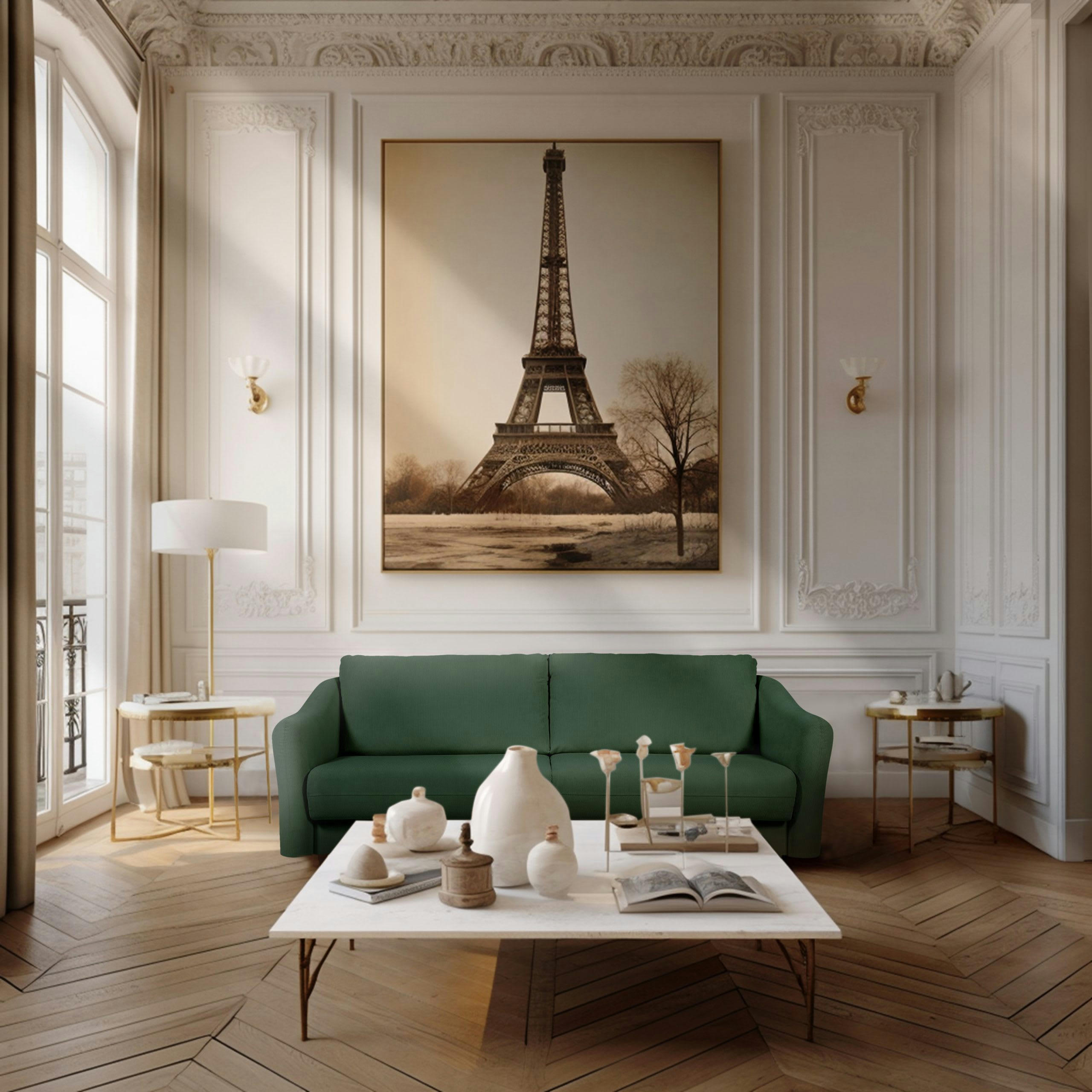 CHARDONNAY - Canapé droit convertible 3 places en velours côtelé vert