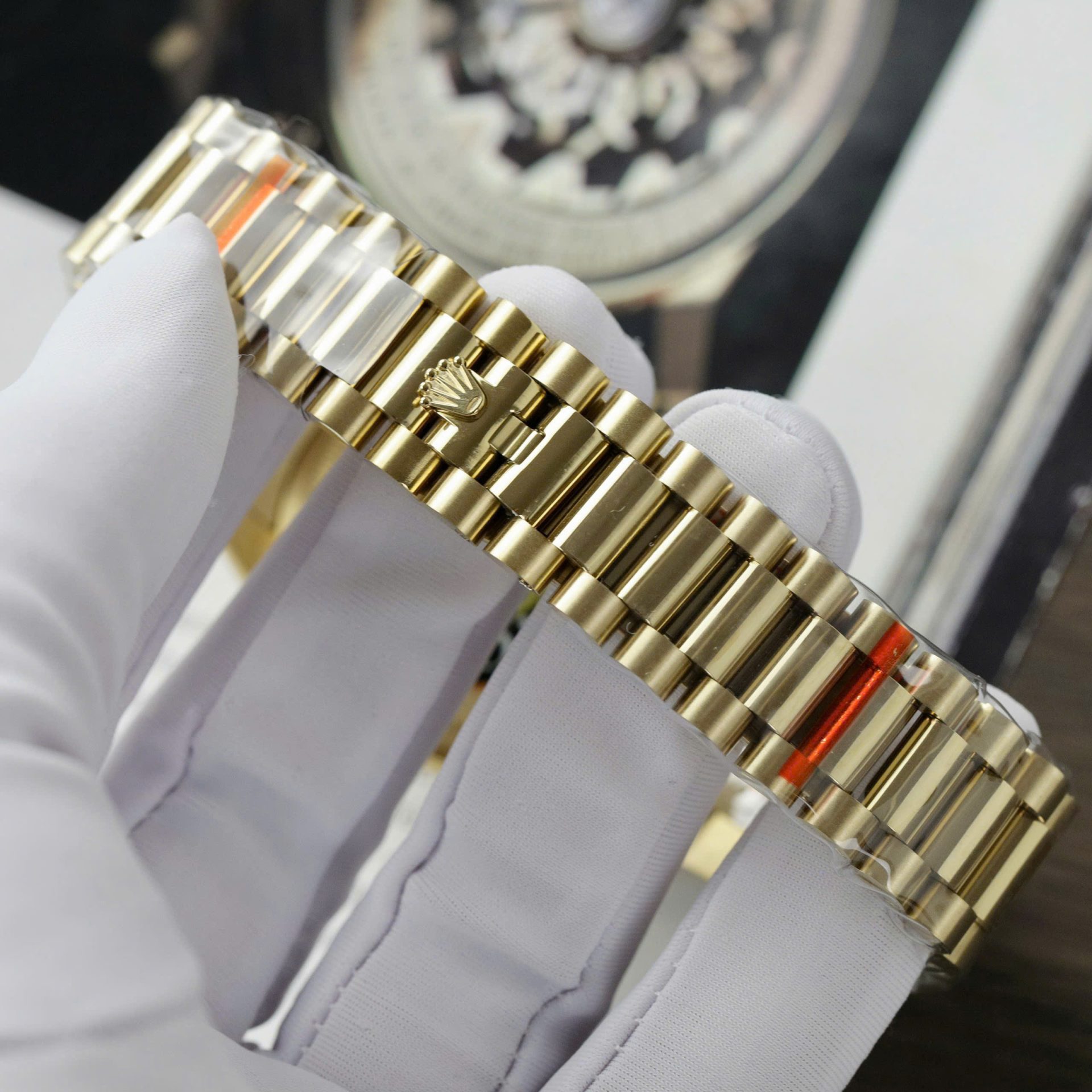 Rolex Day-Date 128238 YG Plated Champagne Dial Baguette Diamonds 36mm Super Clone