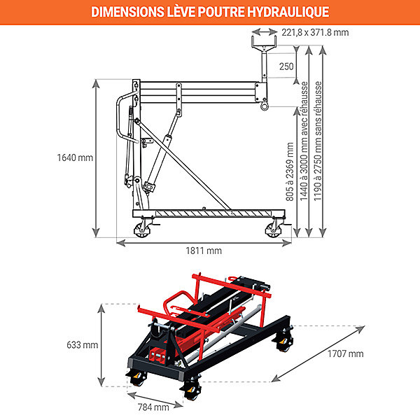 Lève-poutre hydraulique - Hauteur max 3000mm - Capacité 600kg - Poutres, IPN, linteaux, menuiseries, garde-corps - 300871