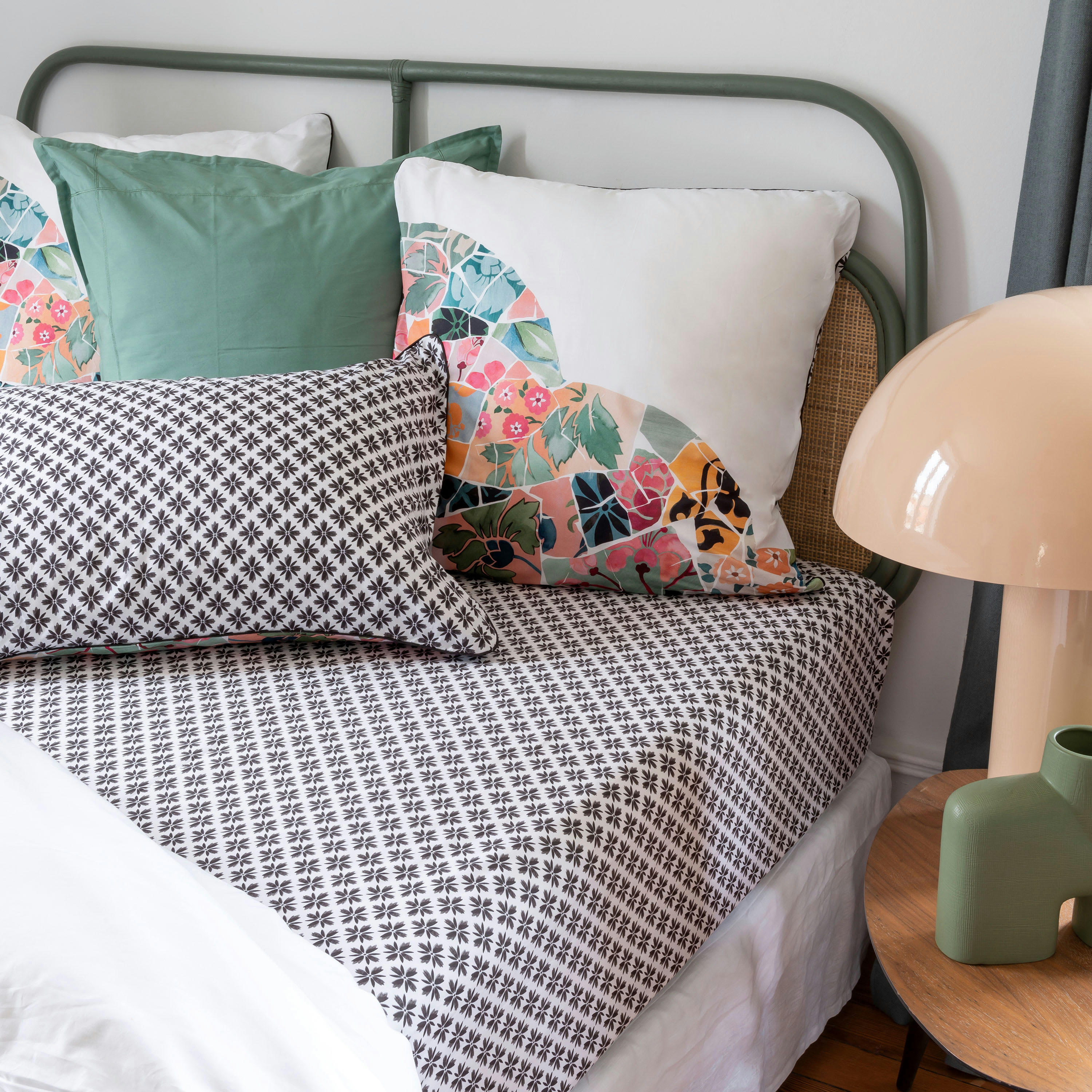 AZULEJOS - Drap housse percale de coton imprimé blanc 160 x 200 cm