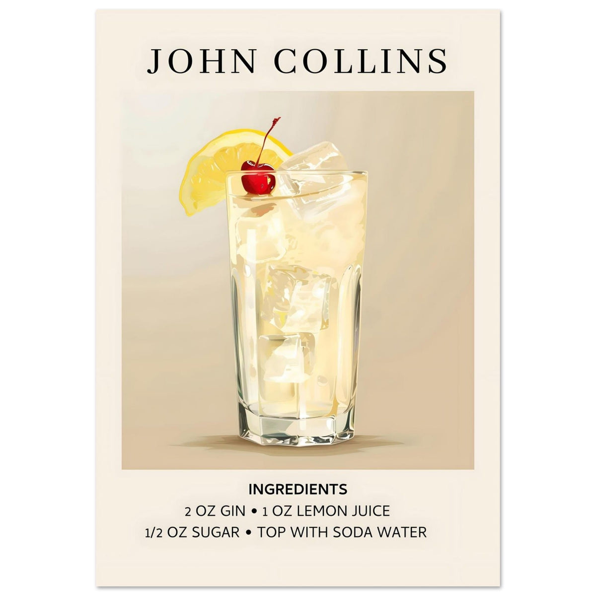 Artfulprints Poster John Collins cocktail - Ingrediënten  - 70x100 cm - Taupe