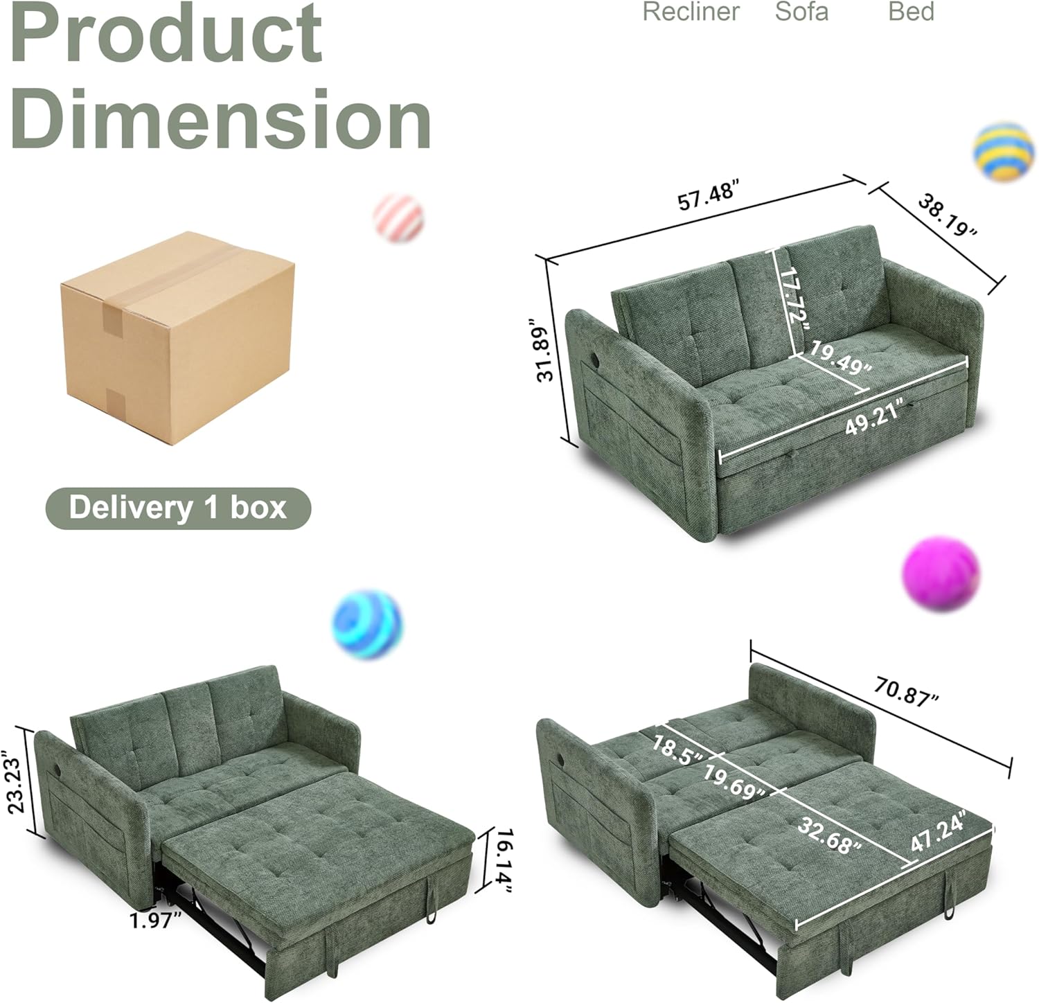 57.48 Convertible Sofa Bed with Cup Holder, Pull Out Sleeper Sofa Bed with USB Charging Ports, 3 in 1 Convertible Sleeper Sofa Bed for Living Room, Apartment, Bedroom, RV, Green