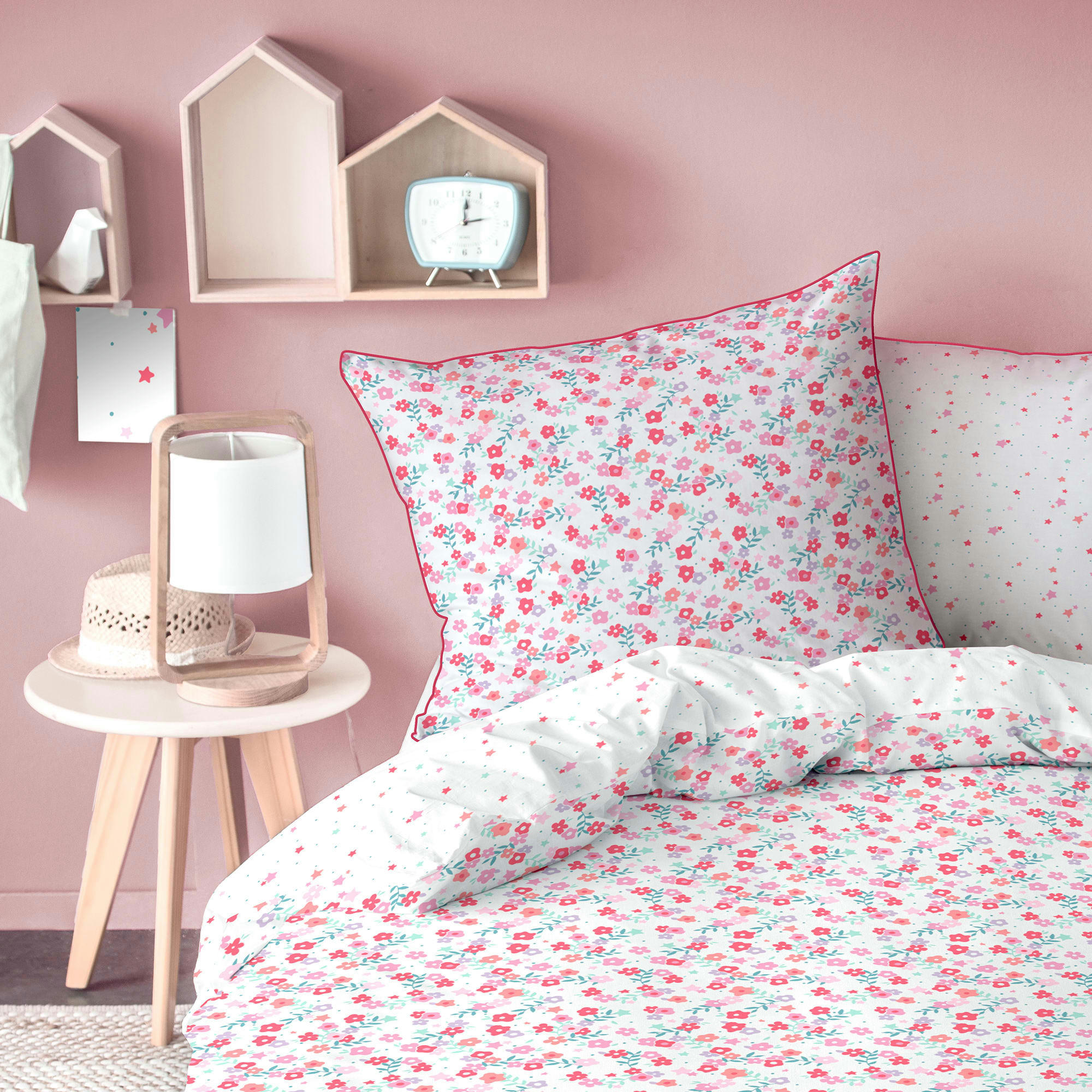PRINTEMPS - Parure de lit imprimée en coton Rose 140x200+63x63cm