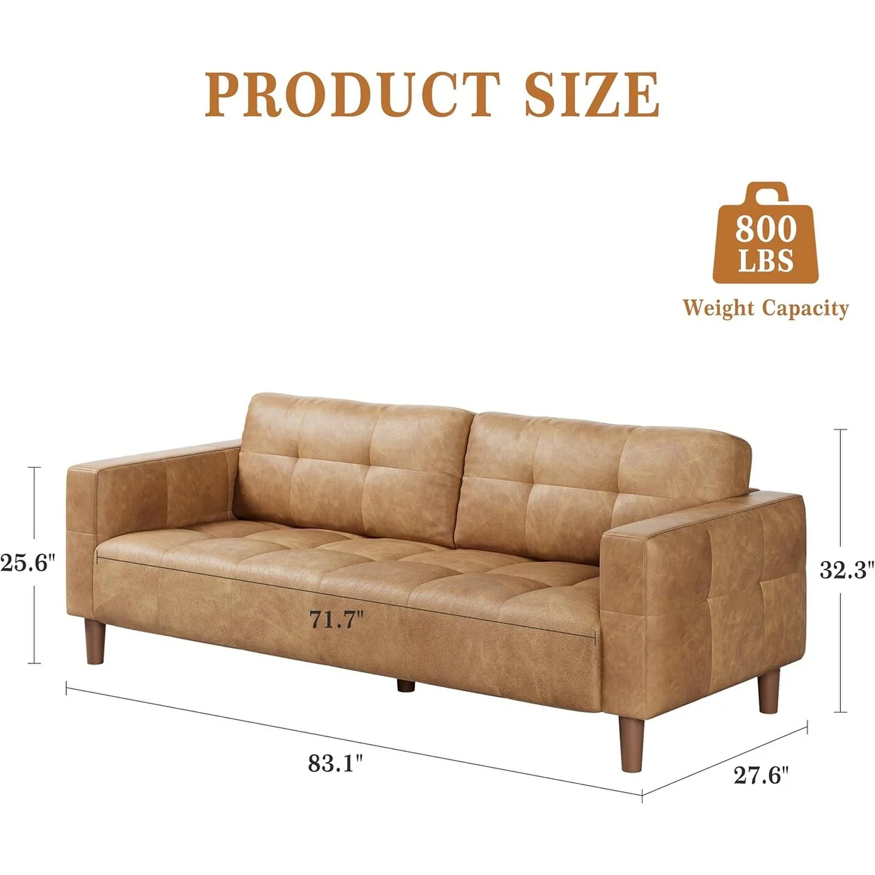 3-Seater Sofa Couch, 83 Wide Faux Leather Sofa Couch with Spring Cushion, Modern Sofa
