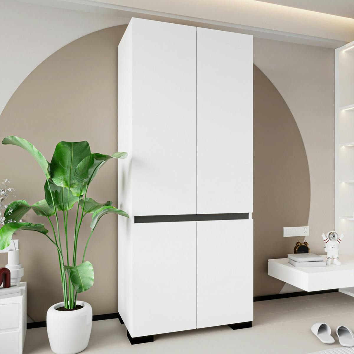 Armoire blanche 2 portes détail gris, 5 étagères BYRON