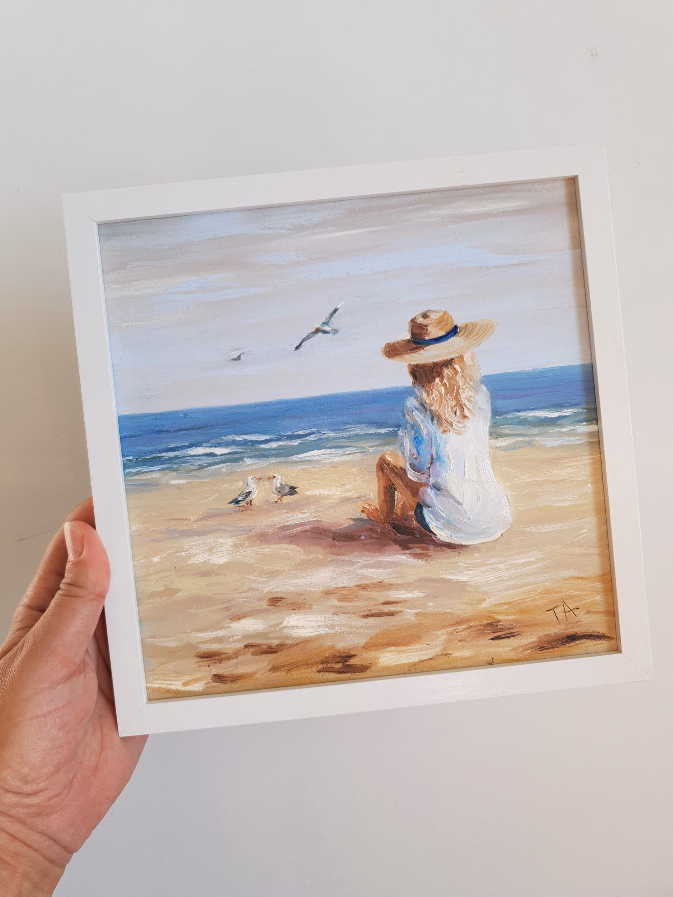 Oil Painting Woman Beach Seagulls Seascape Coastal Art Sea 20x20 cm