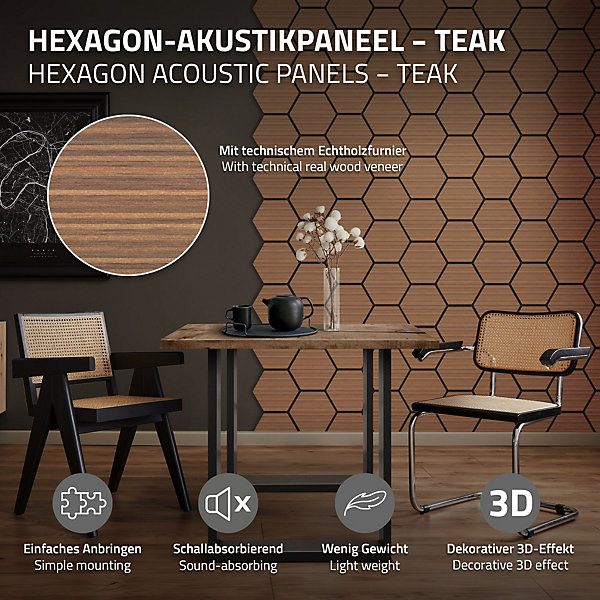 Lot de 2 panneaux acoustiques hexagonaux 66x81 cm 1m² isolation phonique teck