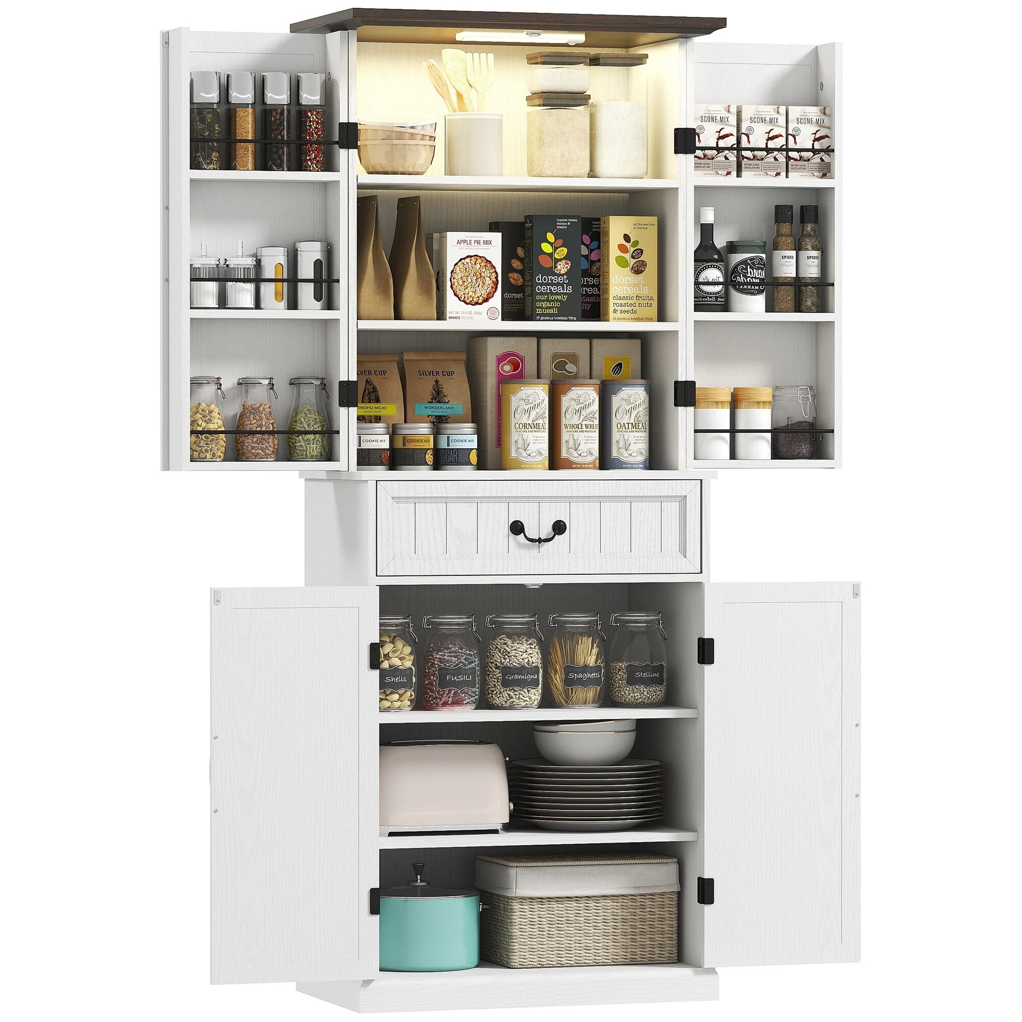 HOMCOM 71 LED Kitchen Pantry Cabinet, Farmhouse Tall Freestanding Storage Cabinet with Door Shelves for Kitchen and Dining Room