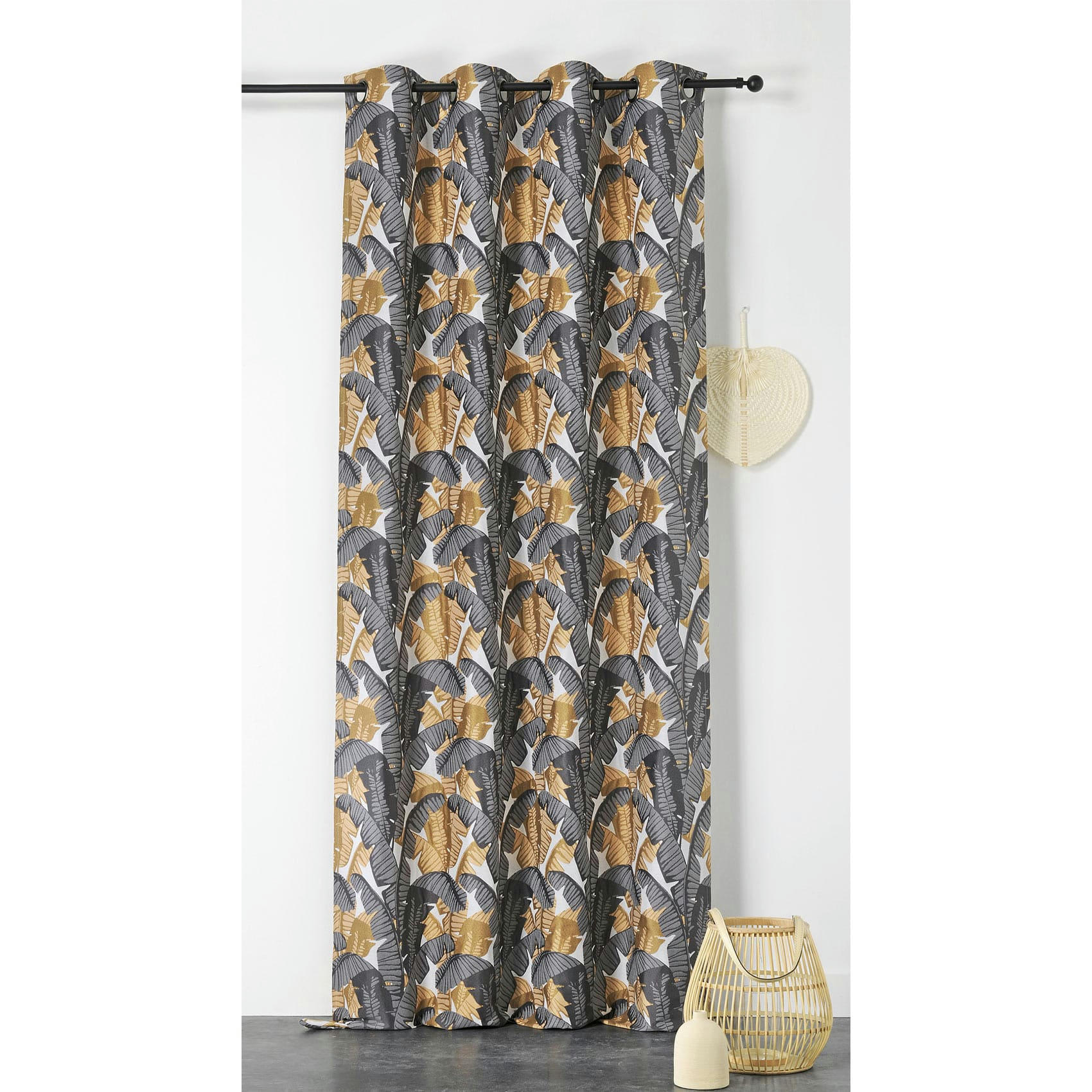 - Rideau imprimé bananier polyester gris anthracite 140x240 cm