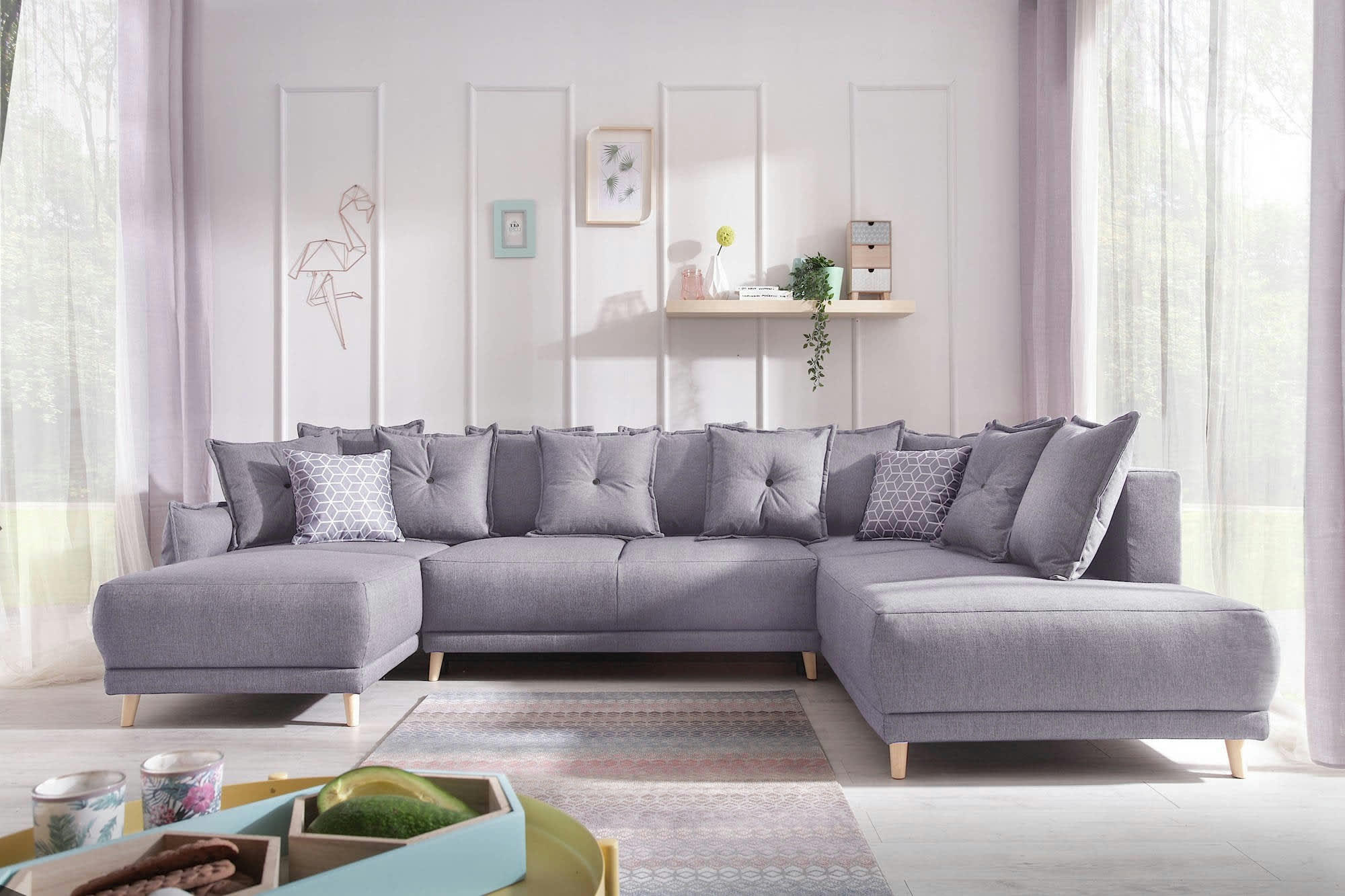 LENA - Canapé panoramique 7 places angle droit en tissu gris clair