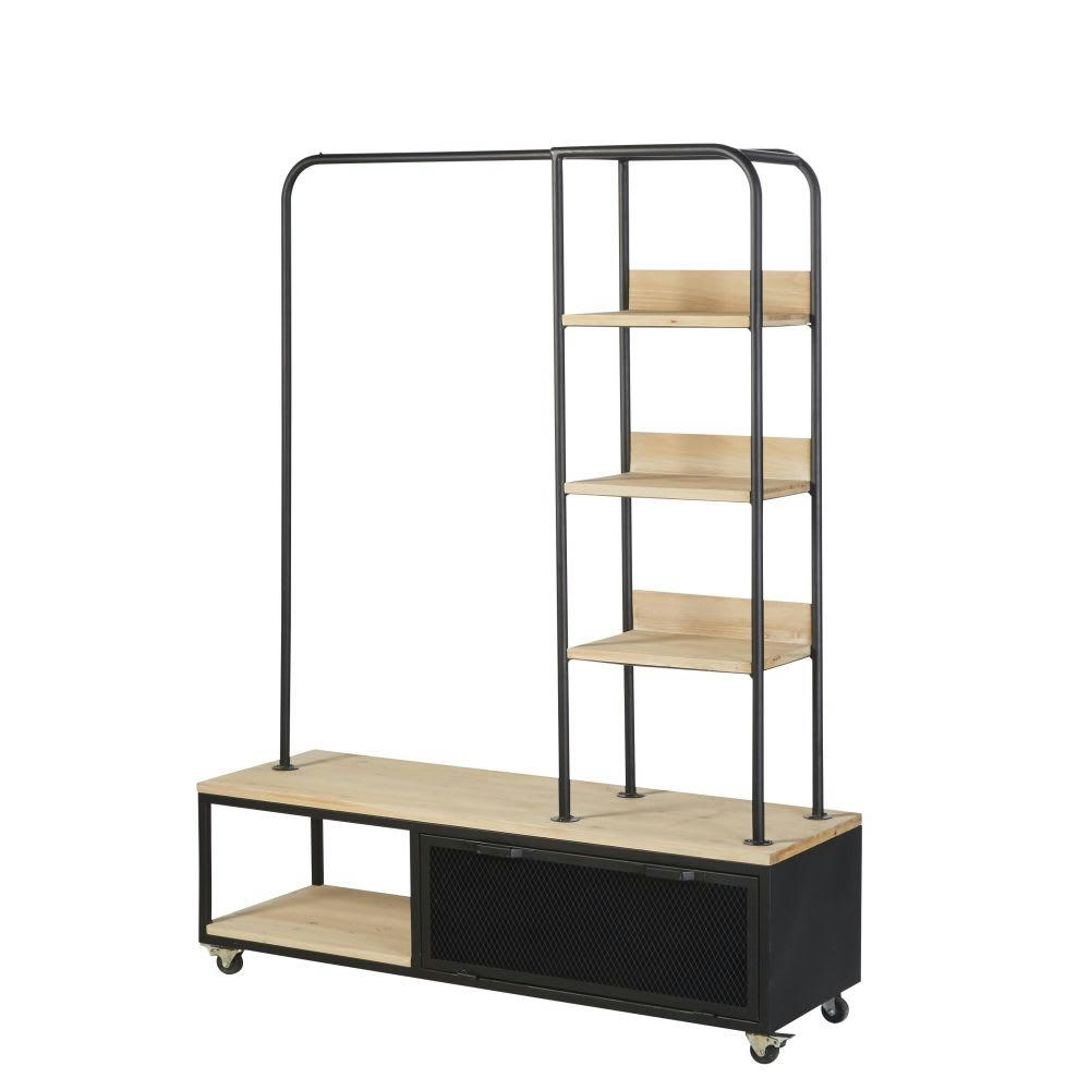 Rebel - Portant à roulettes en sapin et métal noir