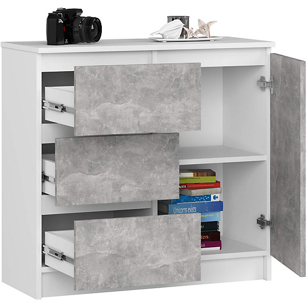 Commode AKORD JERRY Blanche 80 cm 1 porte 3 tiroirs façade Béton 2 étagères 80x35x77 cm