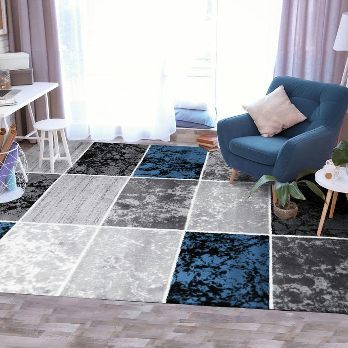 METRO - Tapis vintage à motifs cubes bleu 160x230