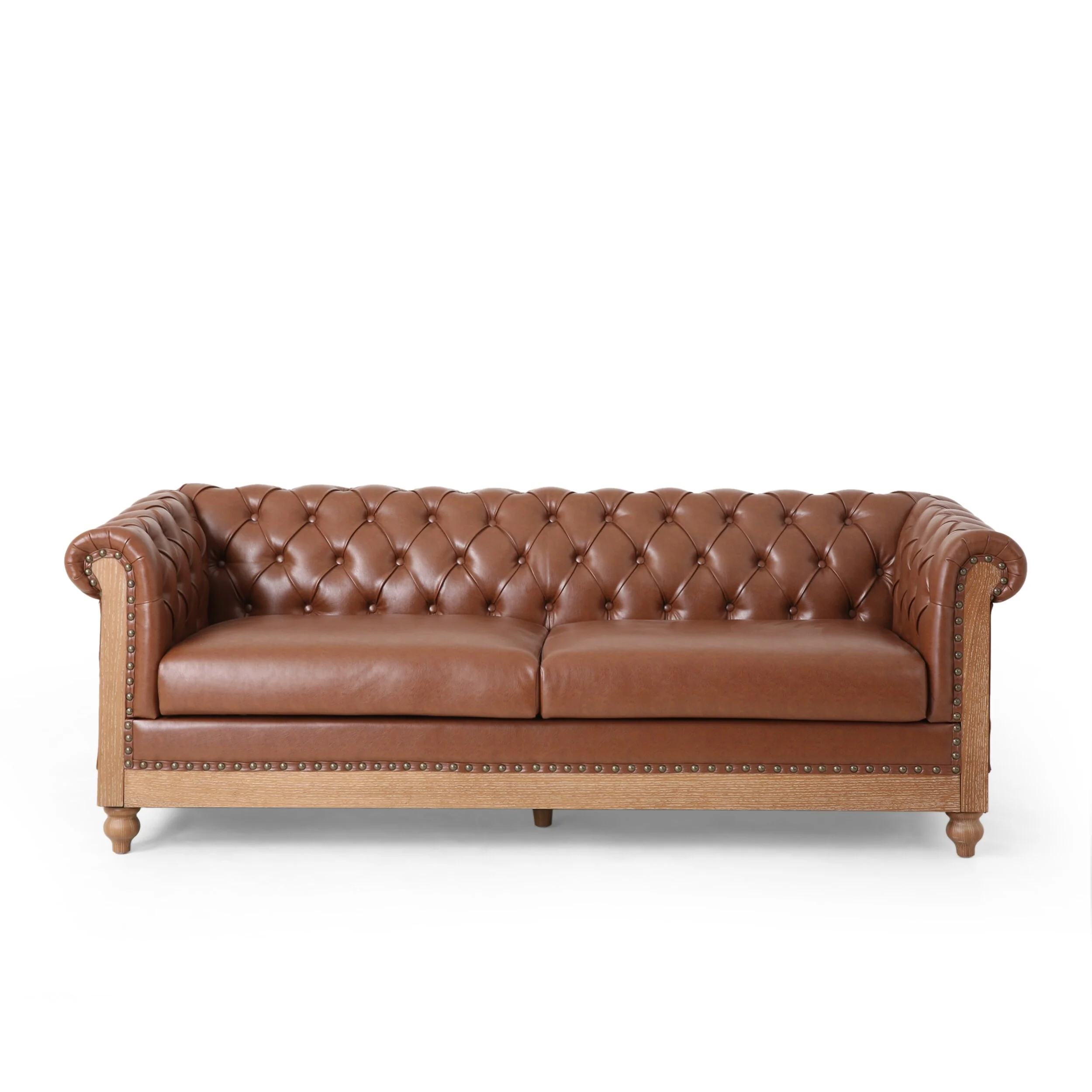 Brown 78.75'' PU Leather 3-Seater Sofa with Wooden Legs and Stylish Rivet Detailing