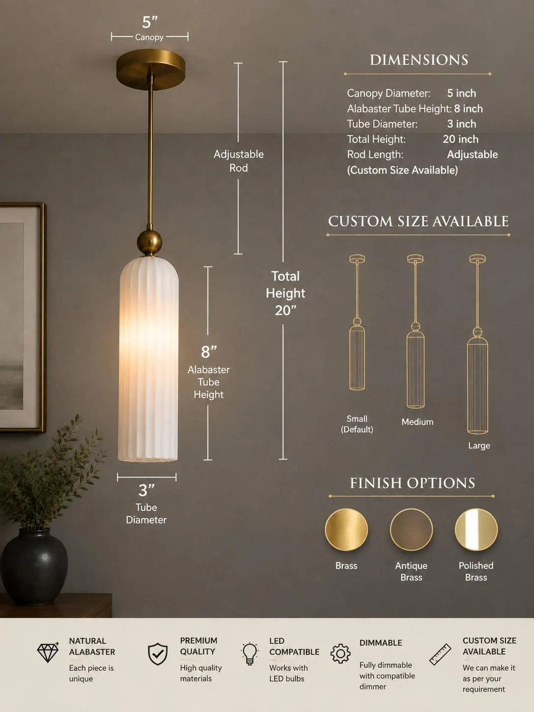 Handcrafted Fluted Alabaster Pendant Light, Solid Brass, Modern Dining Room Lighting